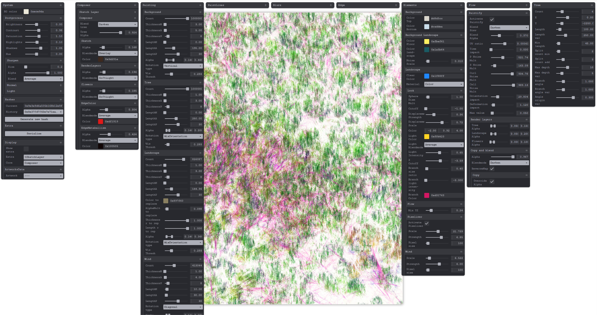Custom generative art editor with multiple parameter panels surrounding a canvas of green and pink algorithmic brushstrokes