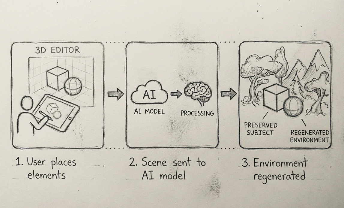 Workflow diagram: user places elements in 3D editor, scene sent to AI model for processing, environment regenerated while preserving hero subject