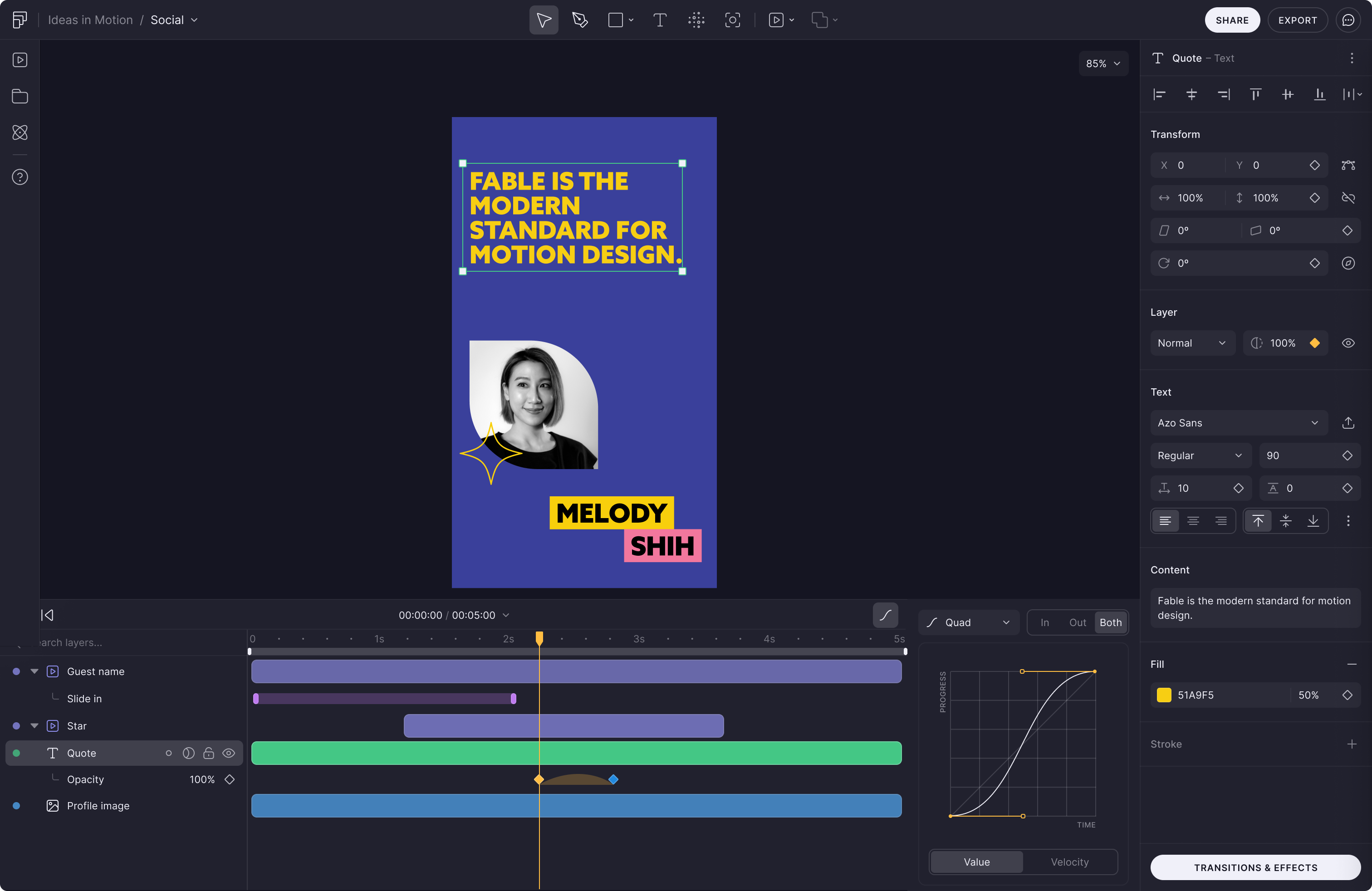 Fable editor showing timeline, canvas, motion design tools and layer properties