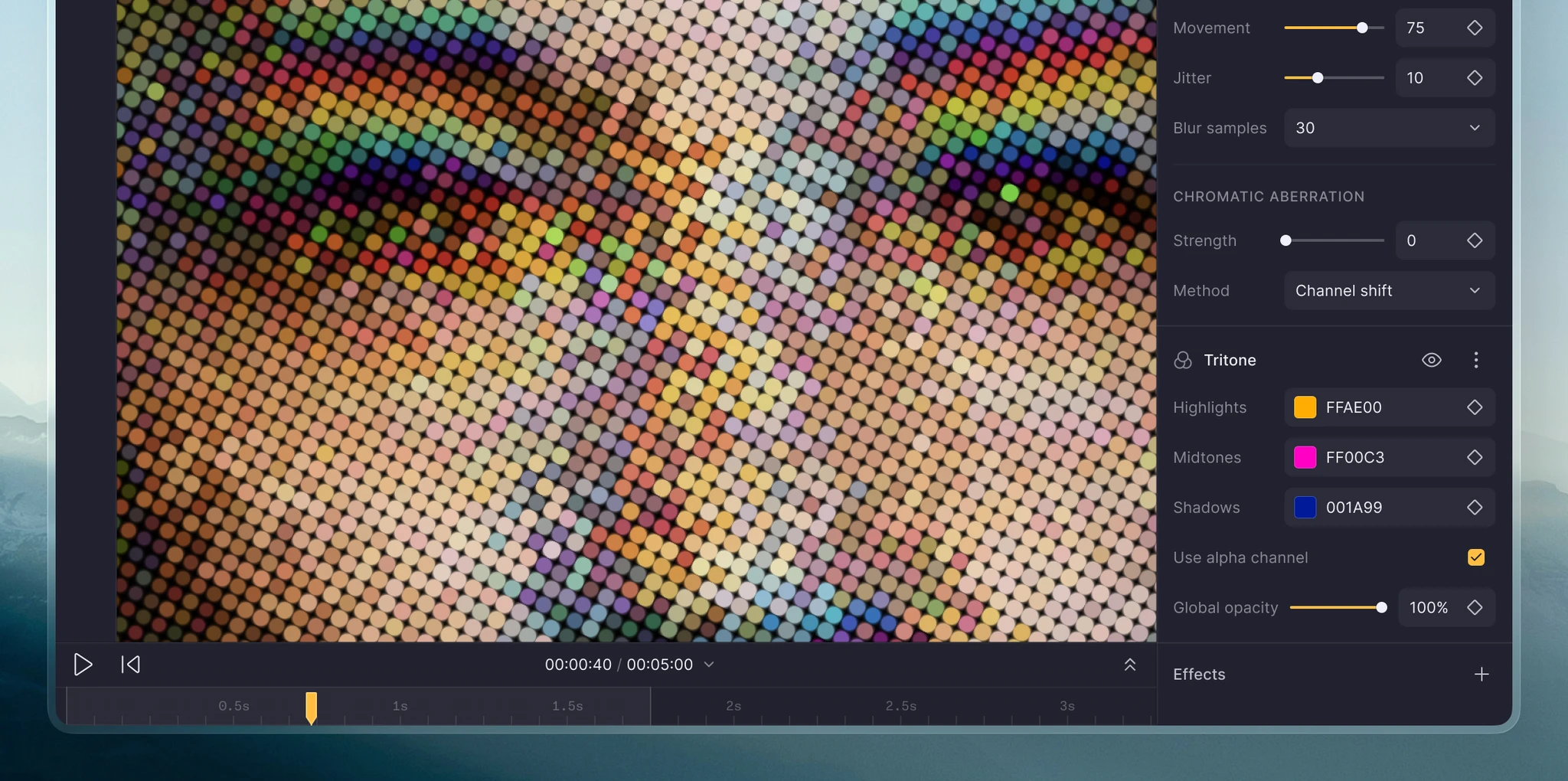 Chromatic aberration and tritone effects panel with halftone pattern preview