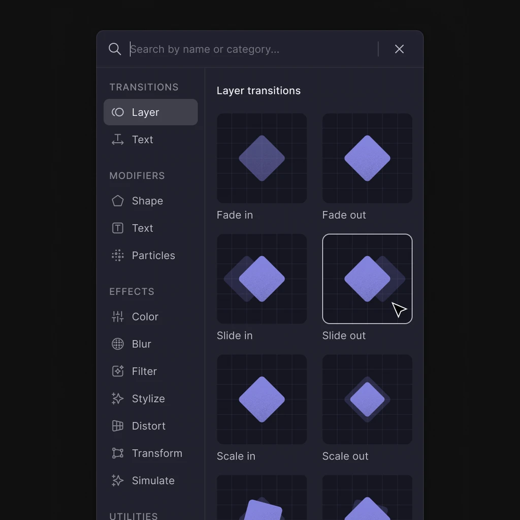 Layer transitions panel showing Fade, Slide, Scale animation presets