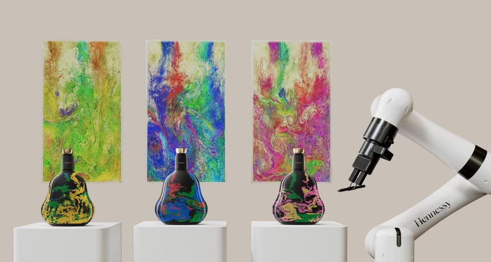 Three unique generative artworks paired with their corresponding painted bottles, robotic arm at right
